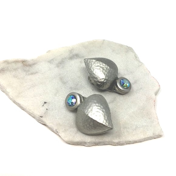 Hammered Silver Tone Steel Heart and Iridescent Rhinestone Clip On Earrings - Picture 6 of 14